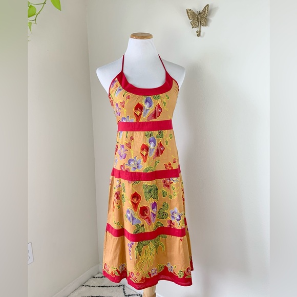 Vintage Dresses & Skirts - Vintage Y2K Sweetees Floral Halter Dress - Yellow with Red Trim